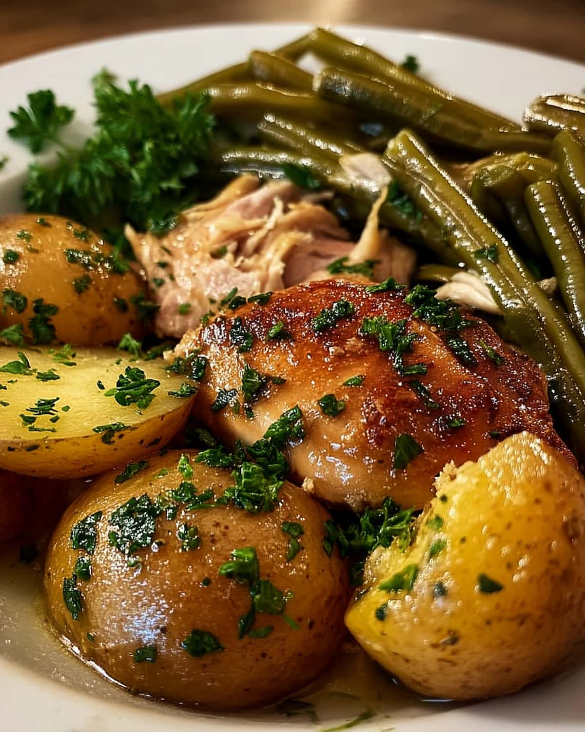 Crock Pot ranch chicken and potatoes with tender green beans, coated in savory ranch seasoning and garnished.