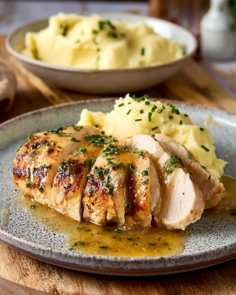 Frozen turkey breast Crock Pot slices topped with golden gravy and chives, served with creamy mashed potatoes.