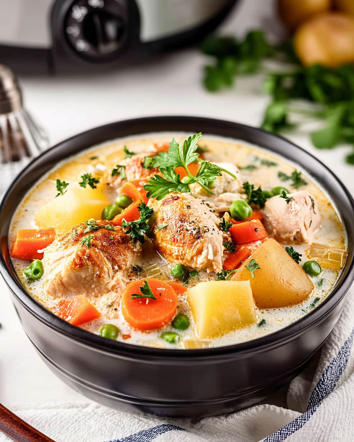 Crock Pot chicken stew with coconut milk, featuring tender chicken, carrots, potatoes, and peas.