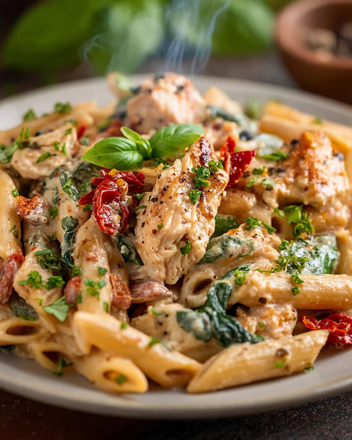Crock Pot Tuscan Chicken Pasta with creamy sauce, tender chicken, spinach, sun-dried tomatoes, and fresh herbs.