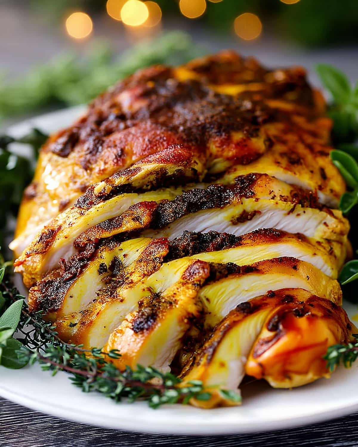 Boneless turkey breast in crock pot, tender and golden.