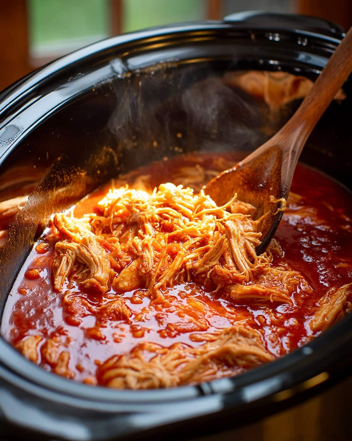 Buffalo crack chicken Crock Pot with tender shredded chicken in a rich, spicy red sauce.