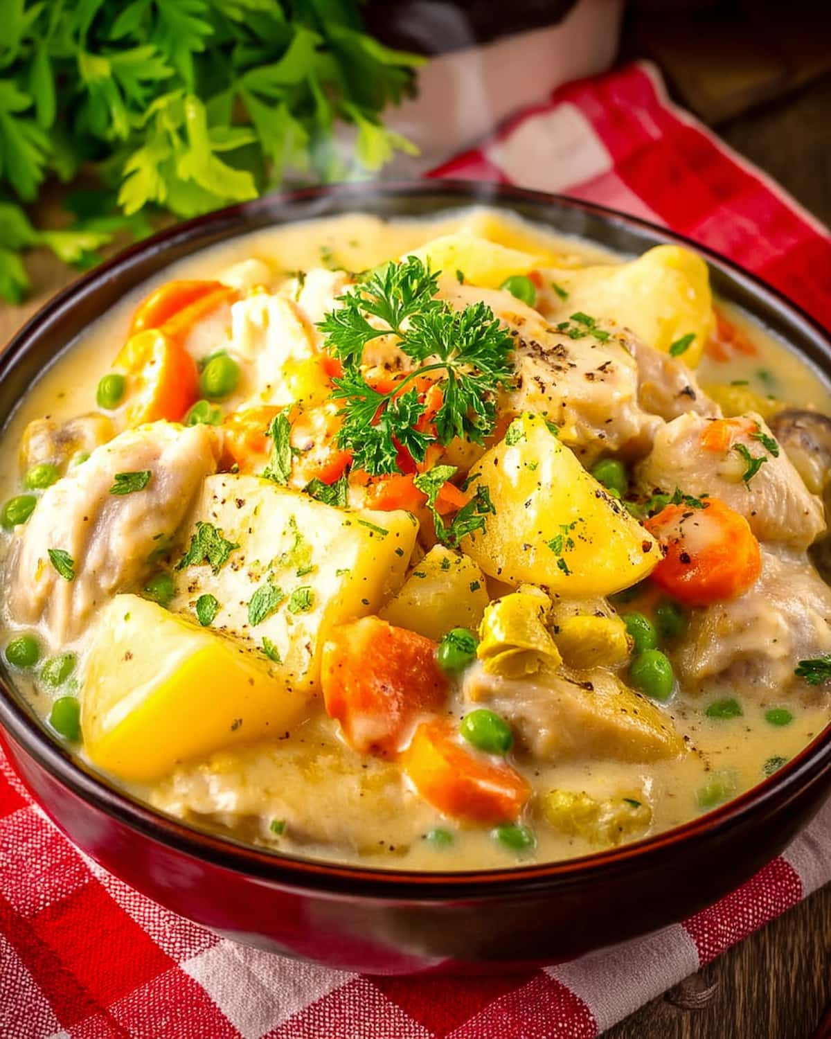 Chicken stew Crock Pot with tender potatoes, carrots, peas, and herbs in a rich golden broth.