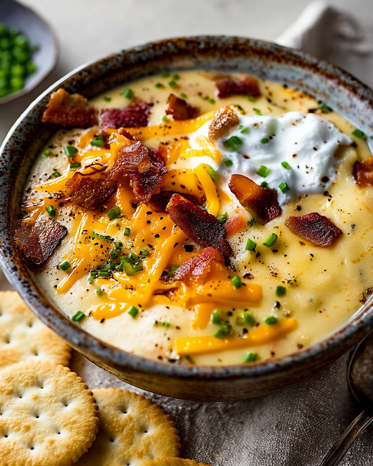 Crock Pot baked potato soup topped with crispy bacon, melted cheddar cheese, chives.