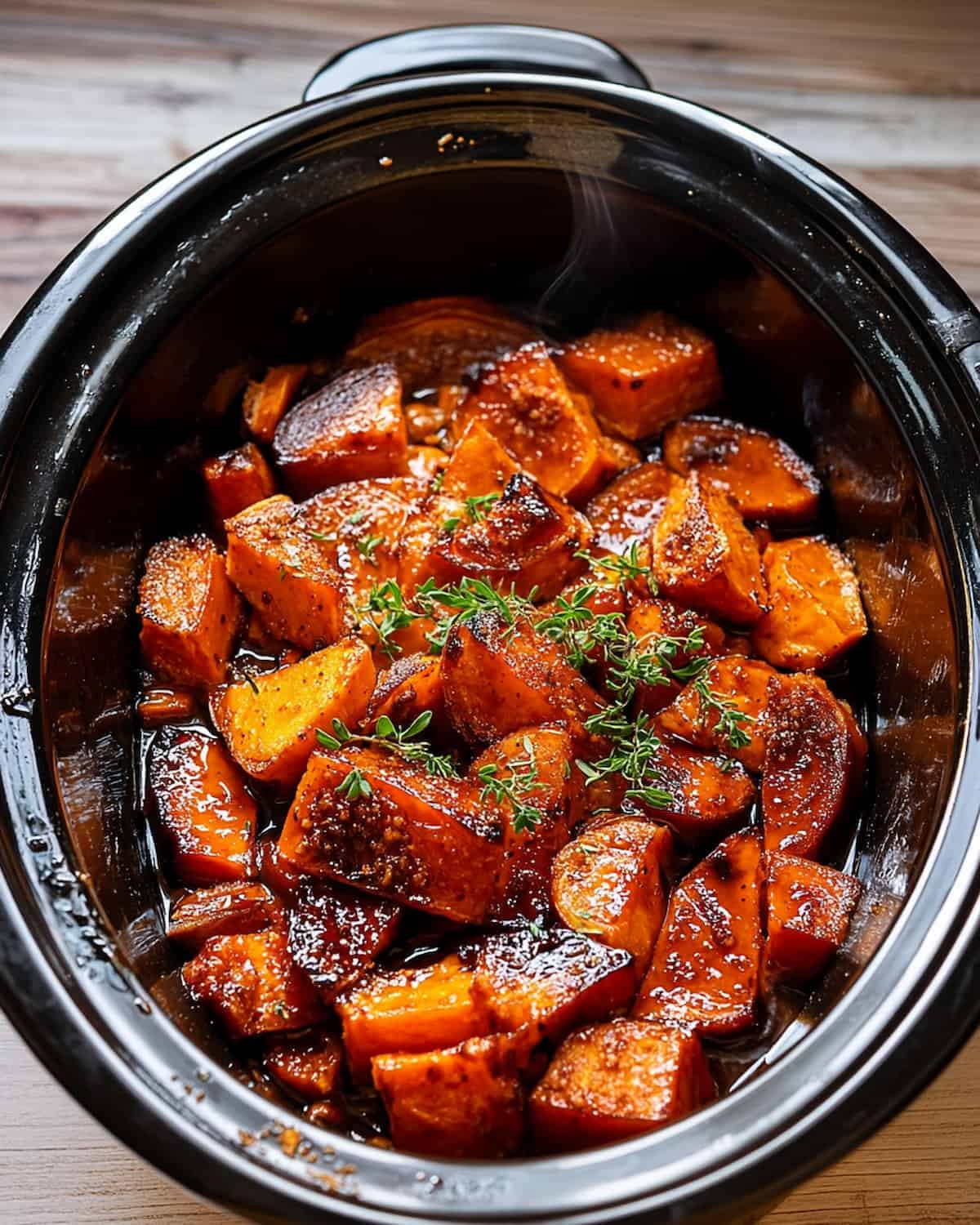 Crock Pot candied yams coated in a glossy brown sugar glaze, topped with fresh thyme.