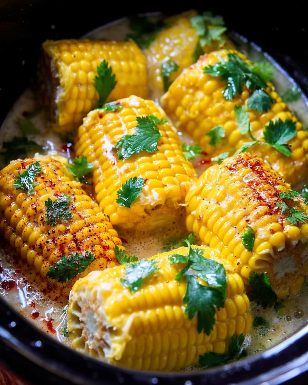 Crock pot corn on the cob simmered in buttery sauce, topped with fresh cilantro and a sprinkle of chili powder for flavor.
