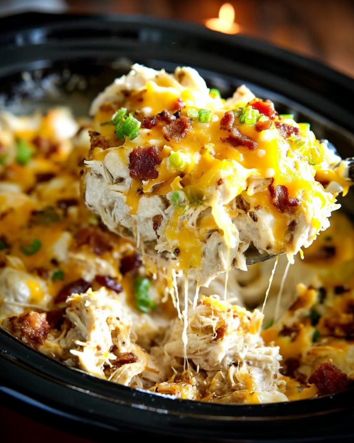 Crock Pot crack chicken pasta topped with melted cheese, crispy bacon, and green onions.
