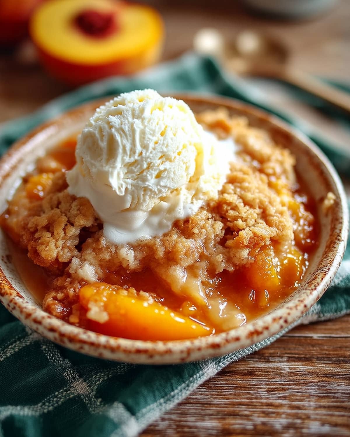 Crock Pot peach cobbler topped with a scoop of vanilla ice cream, golden crumb topping.