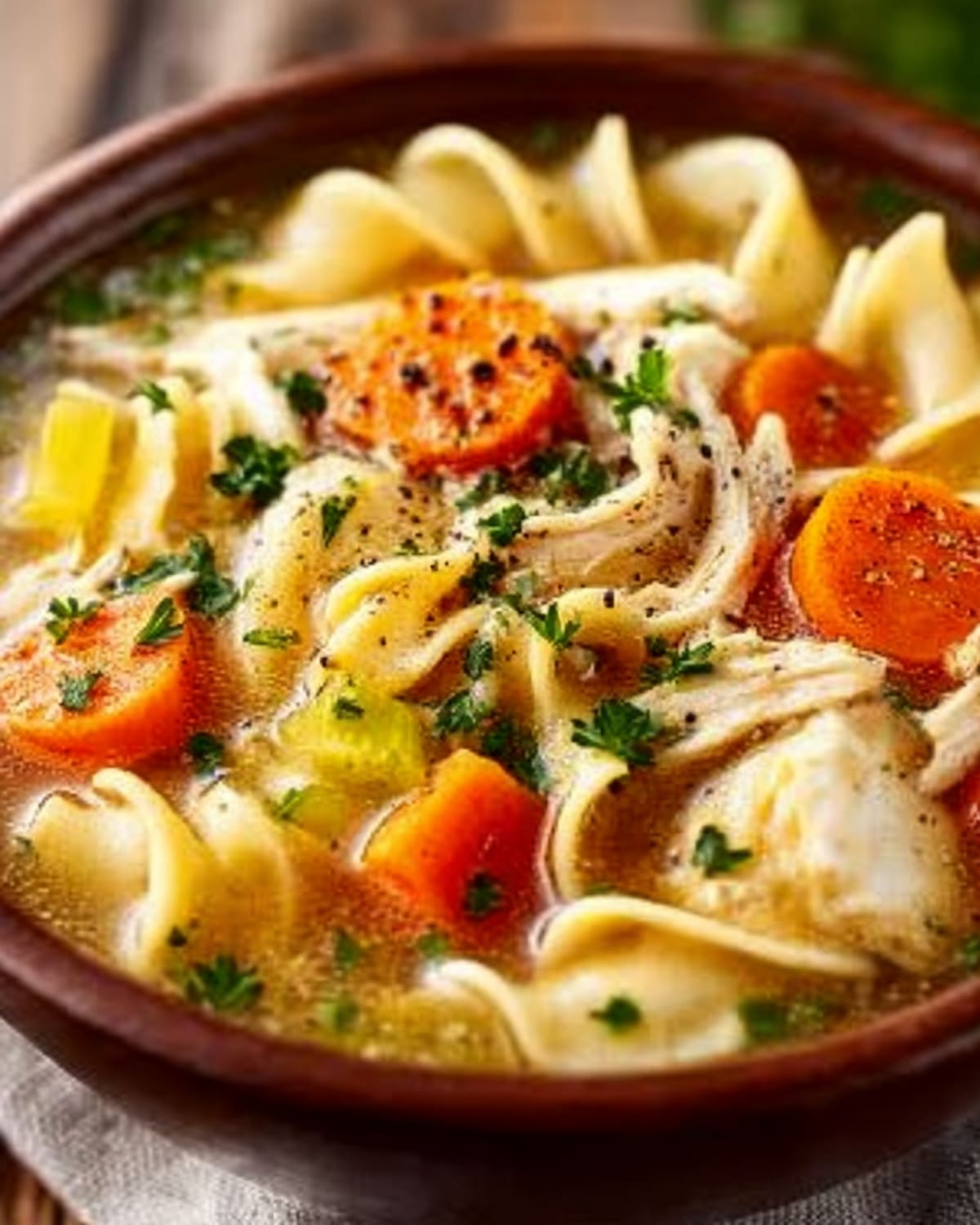 Crock Pot ranch chicken noodle soup with tender noodles, carrots, celery, and shredded chicken.