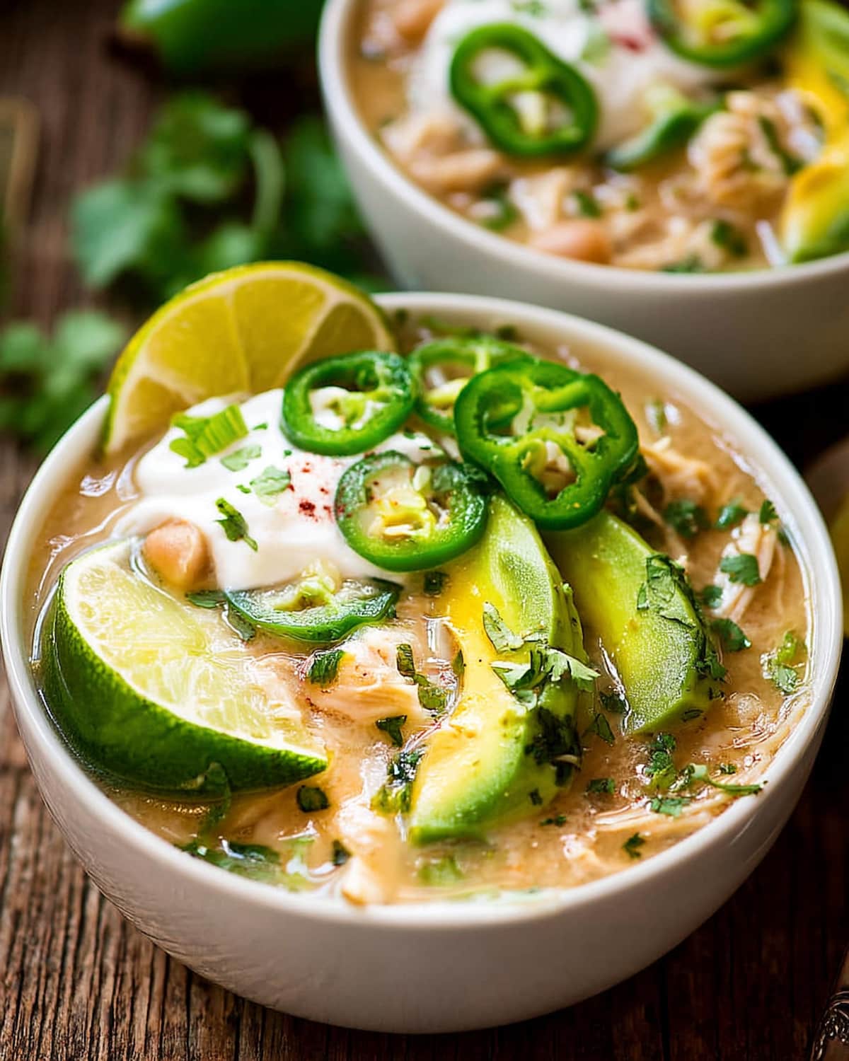 Crock Pot white chicken chili topped with sliced avocado, jalapeños, lime wedges.