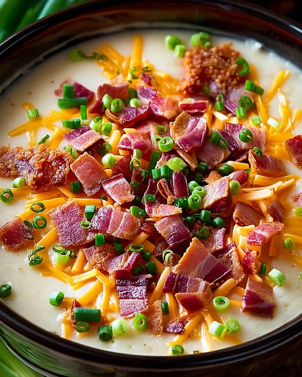 Loaded potato soup Crock Pot topped with crispy bacon, melted cheddar cheese.