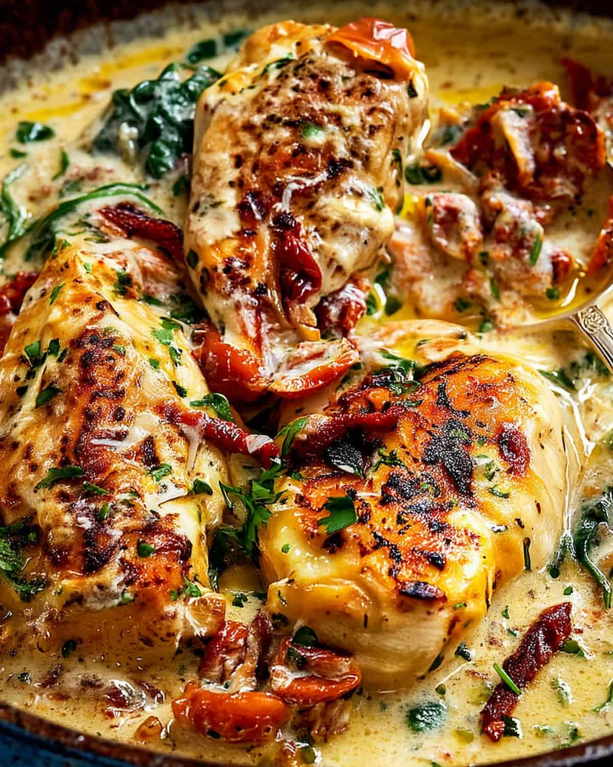 Marry Me Chicken Crock Pot in creamy sauce with sun-dried tomatoes, spinach.