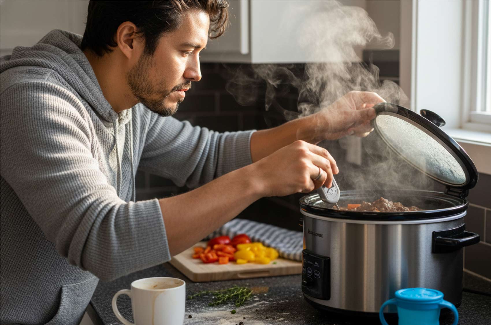 Sunday testing mode - checking beef stew with my only fancy tool Man using instant-read thermometer to check slow cooker beef stew temperature in home kitchen with ingredients and coffee mug