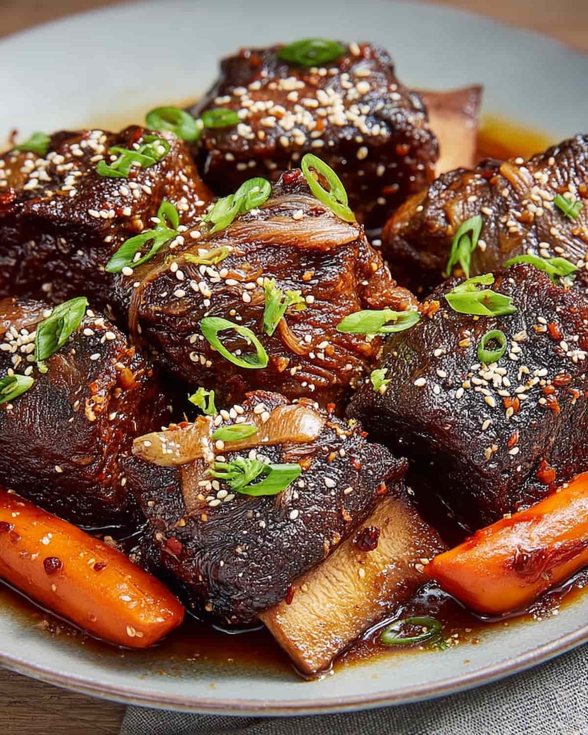 short ribs in Crock Pot glazed with rich sauce, topped with sesame seeds and green onions.