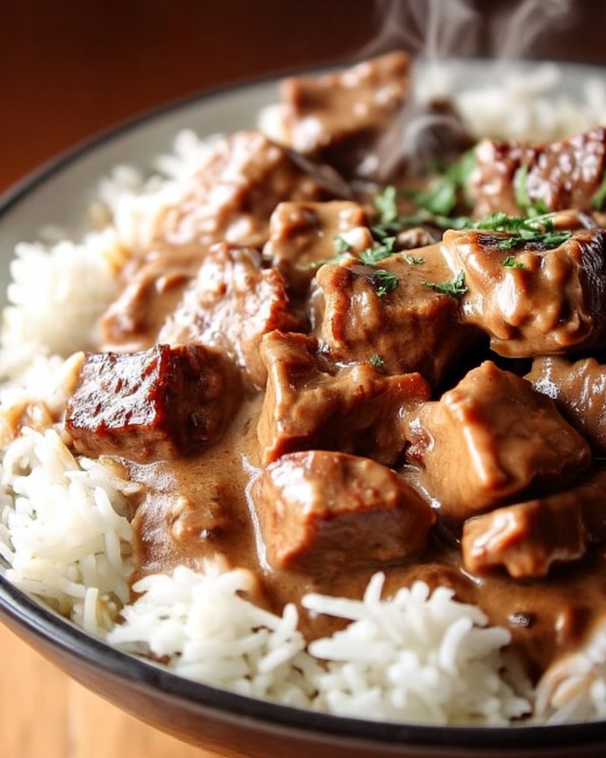 Slow Cooker beef tips in rich brown gravy served over fluffy white rice and garnished with a sprinkle of fresh herbs.
