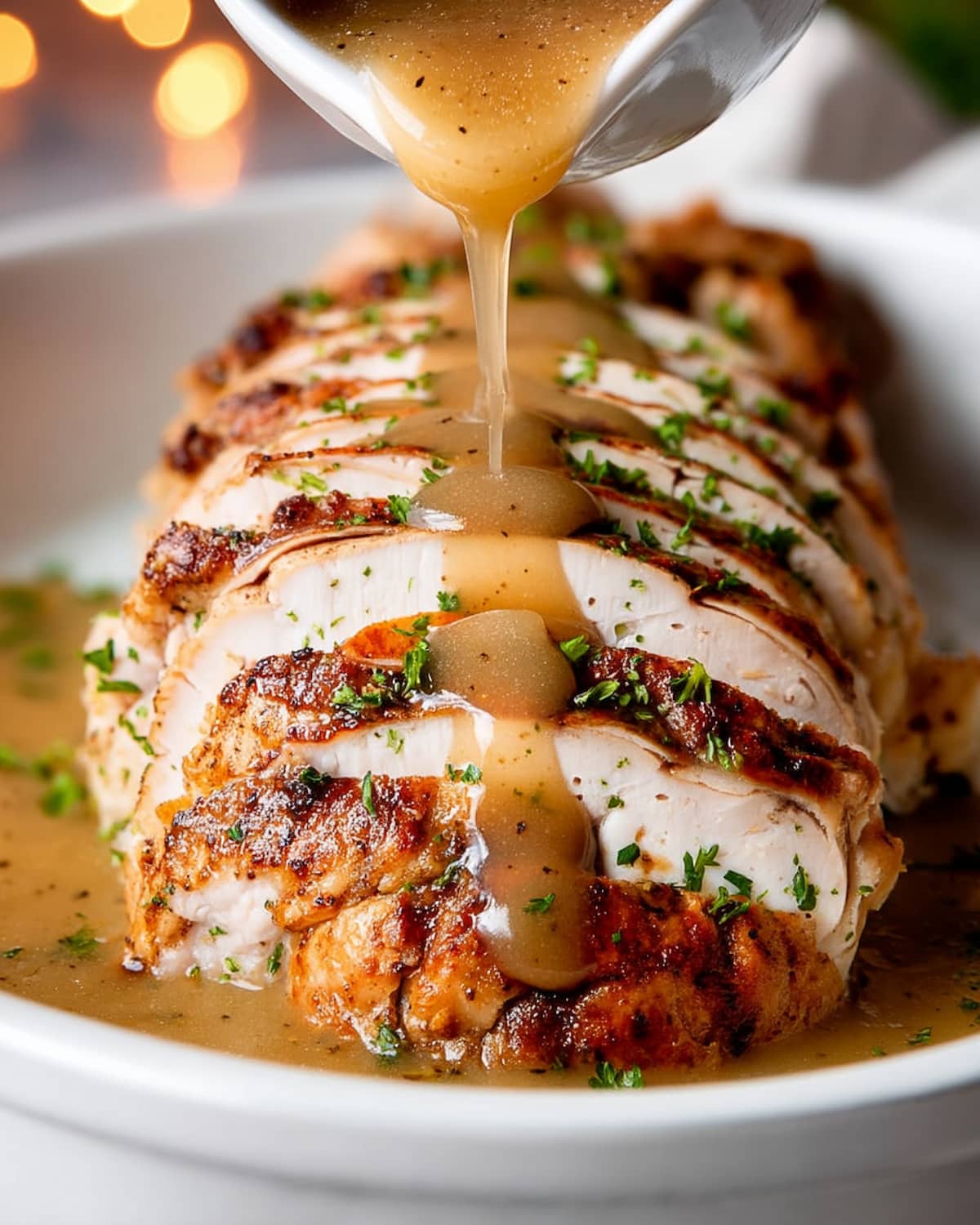 Slow Cooker boneless turkey breast drizzled with a glossy brown sauce.