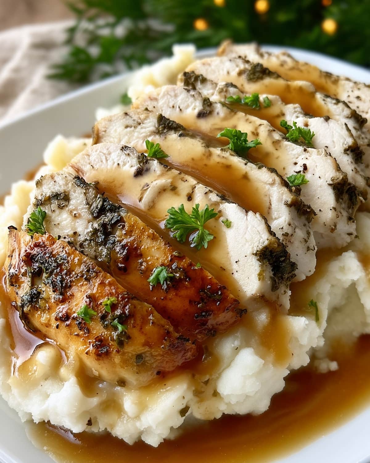 turkey tenderloin Crock Pot slices topped with savory gravy, served over creamy mashed potatoes .