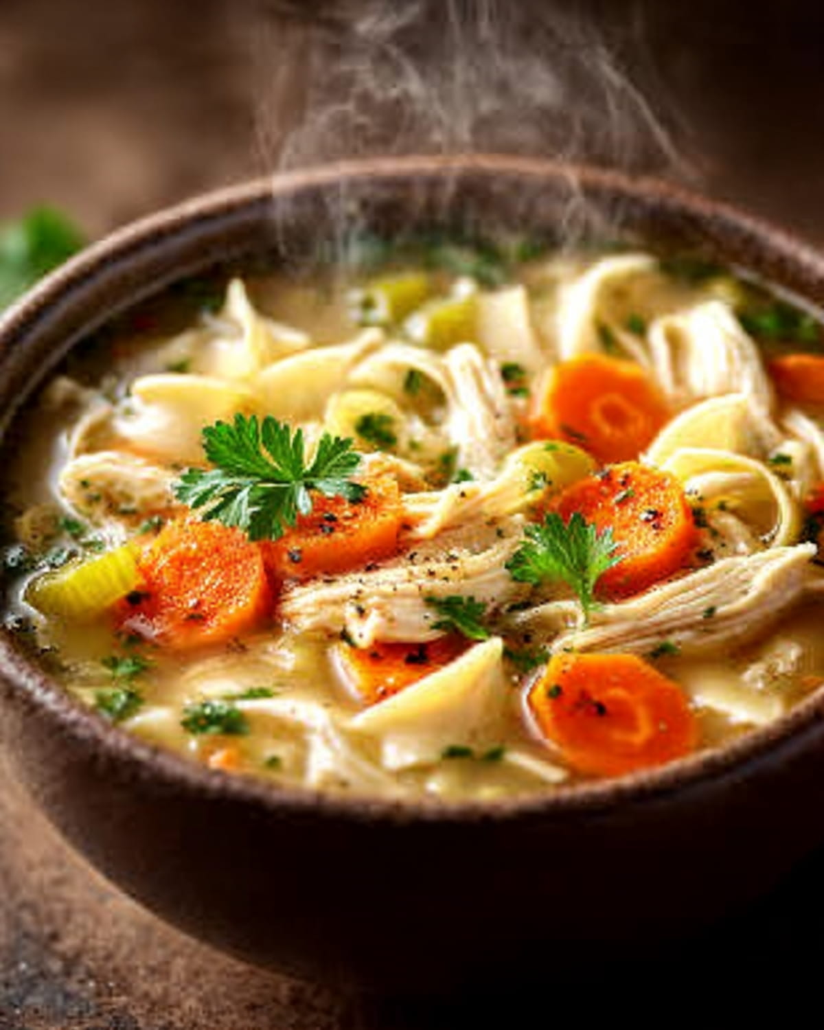 Chicken Noodle Soup Crock Pot with tender chicken, carrots, egg noodles, and fresh parsley.