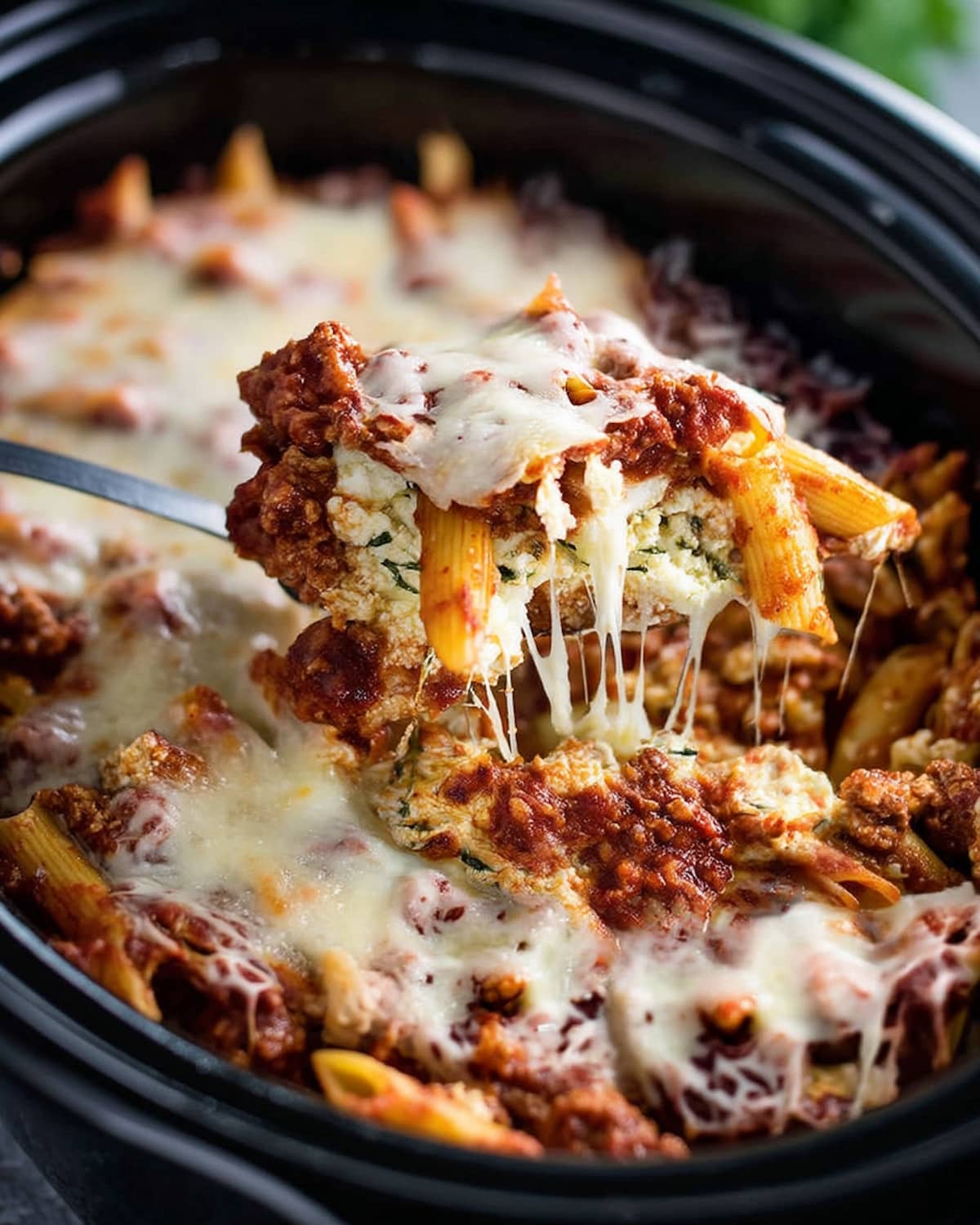 Crock Pot Baked Ziti with tender pasta, rich meat sauce, creamy ricotta, and melted mozzarella stretching.