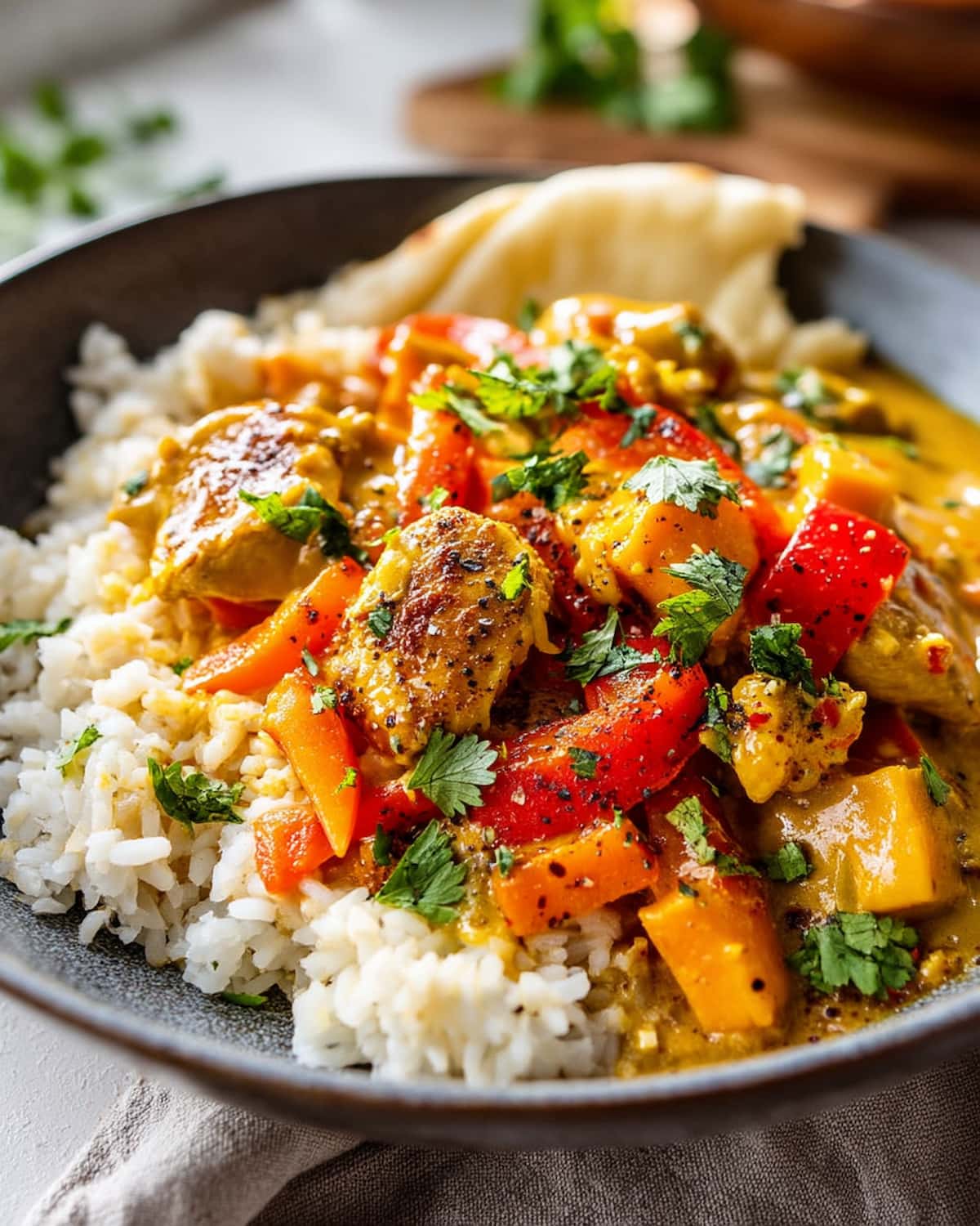 Crock Pot Chicken Curry with tender chicken, colorful vegetables, and creamy spiced sauce served over fluffy rice and garnished with herbs.
