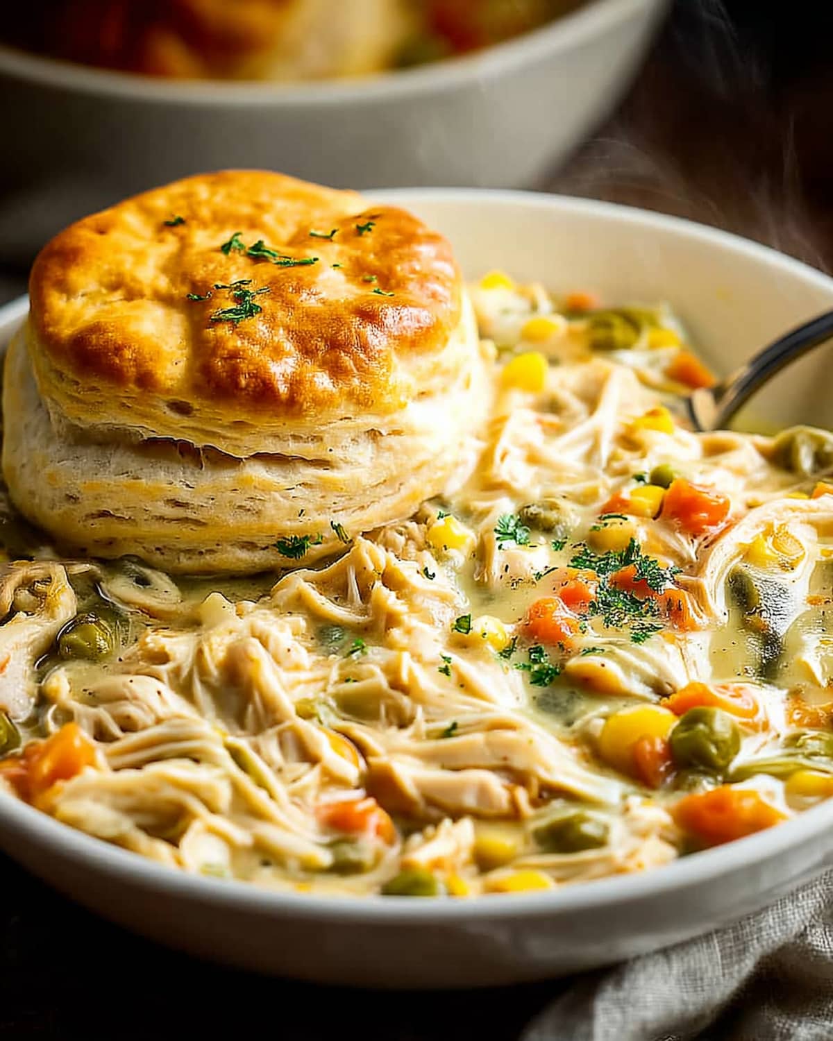 Crock Pot Chicken Pot Pie in a bowl with flaky golden biscuit on top, creamy chicken filling, mixed vegetables.
