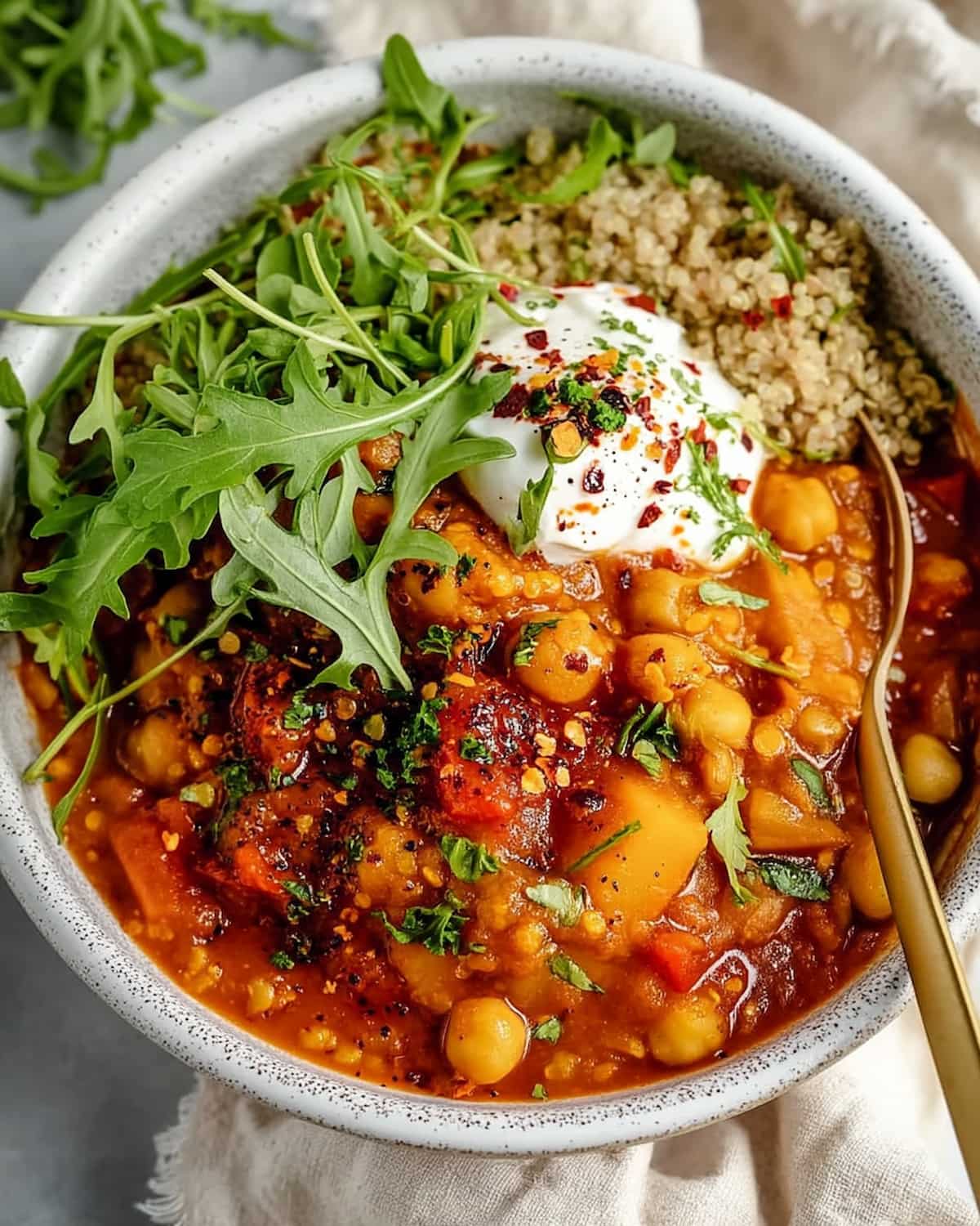 Crock Pot Moroccan Chicken Stew with tender chicken, chickpeas, vegetables, warm spices, and fresh herbs on top.