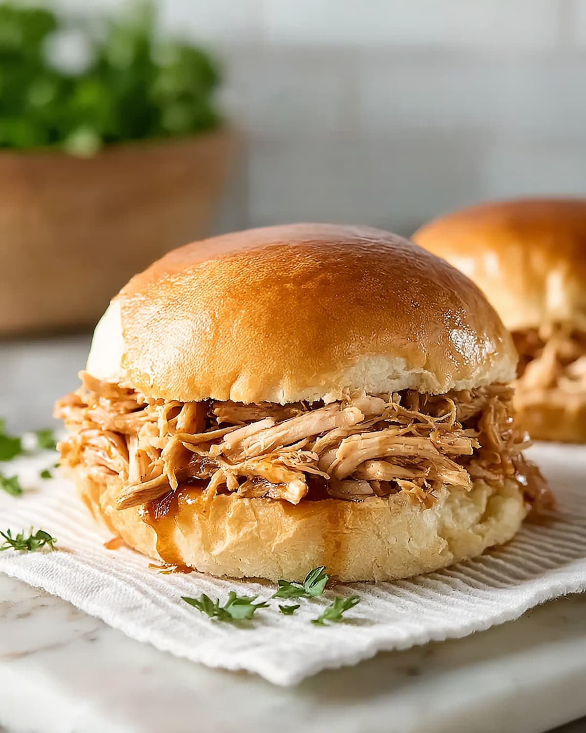 Crock pot turkey tenderloin sandwich drizzled with sauce.