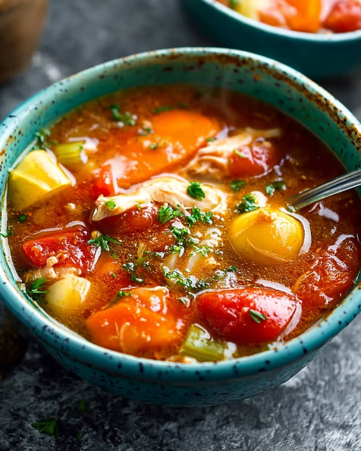 Crock Pot Tuscan Chicken Stew, tender chicken simmered in a creamy sauce with sun-dried tomatoes and herbs.