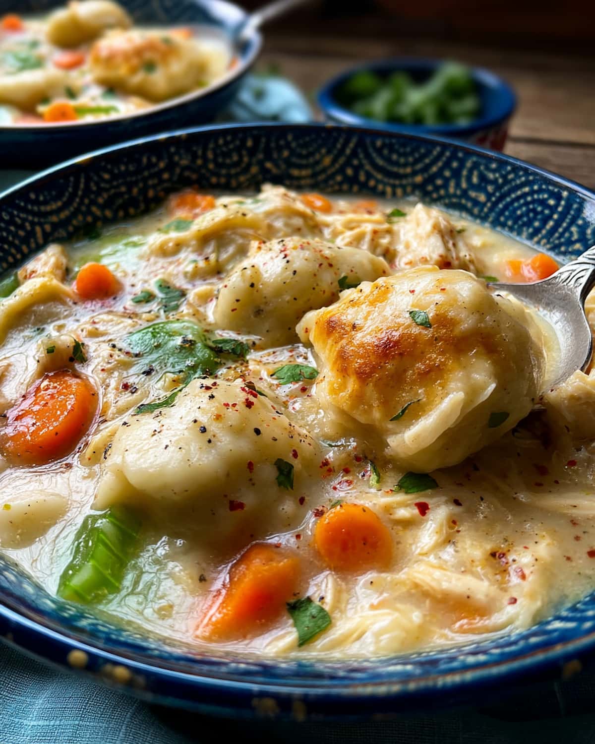 Bowl of Crock Pot chicken and dumplings with tender chicken, fluffy dumplings, carrots, and celery in a rich, creamy broth.