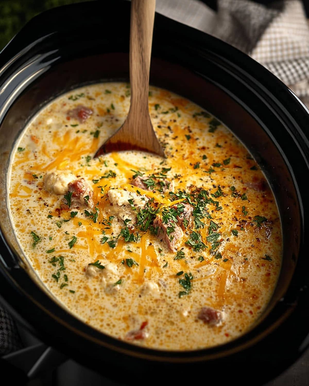 Crock Pot ham and potato soup with creamy broth, tender potatoes, savory ham, melted cheese.