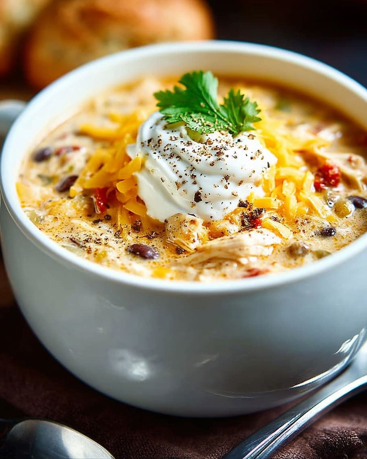 Crock Pot jalapeno popper chicken chili with shredded chicken, beans, melted cheese, sour cream, and fresh cilantro on top.