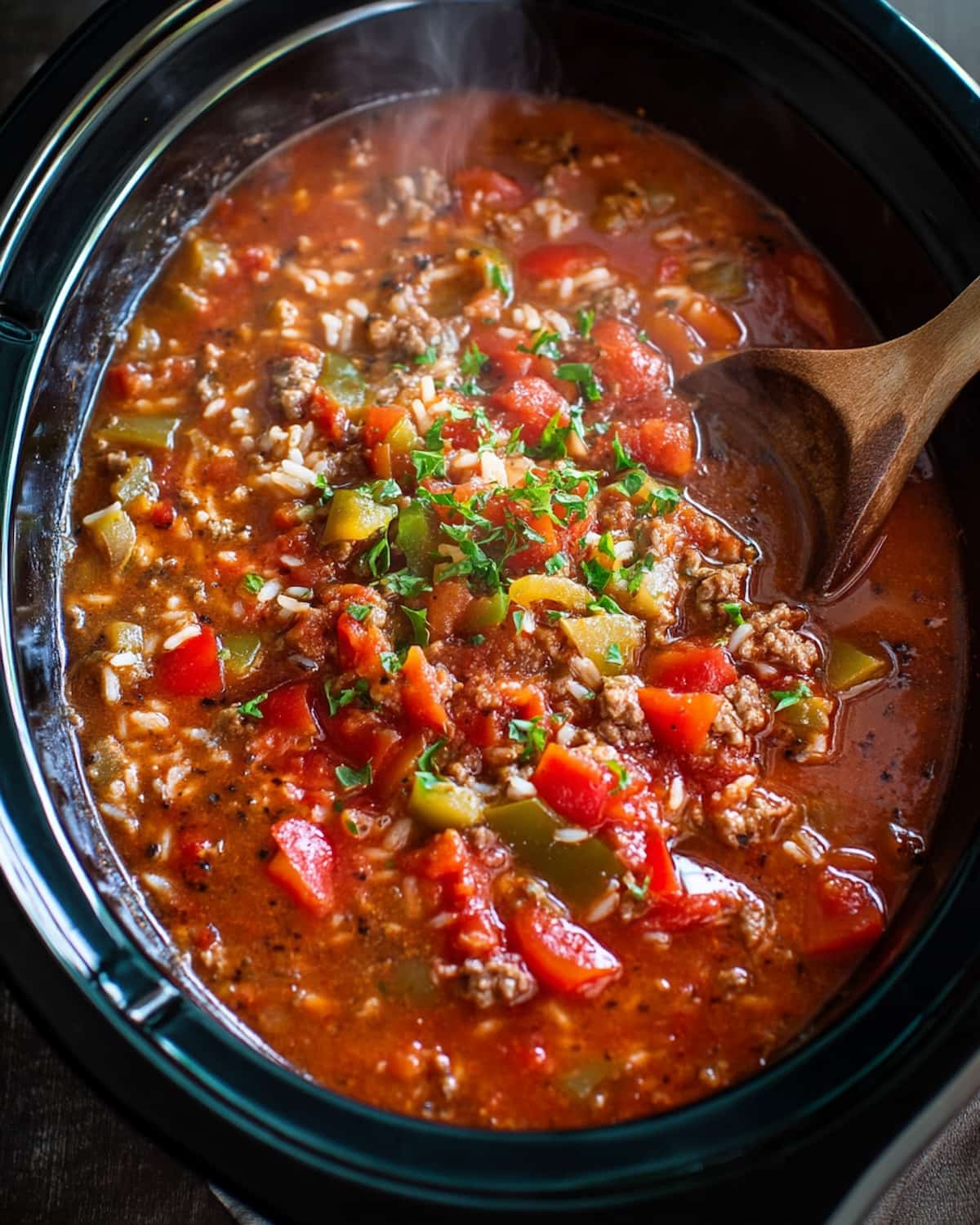 Crock Pot stuffed peppers soup with ground beef, rice, bell peppers, and rich tomato broth, garnished with fresh herbs.