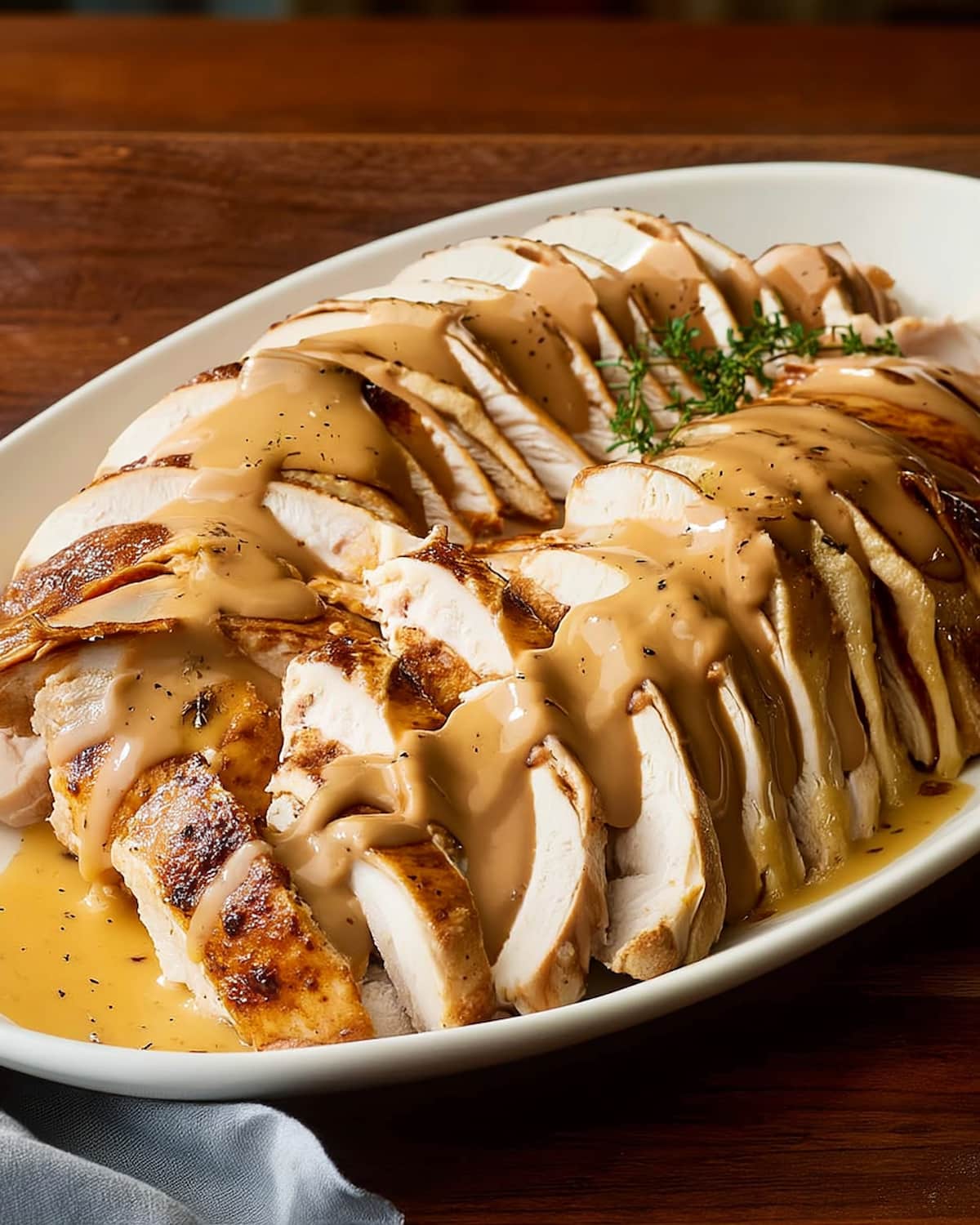 Crock Pot turkey breast with gravy drizzled over tender meat, arranged on a white platter.