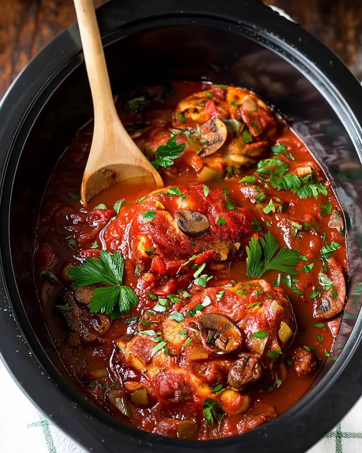 Slow cooker chicken cacciatore in rich tomato sauce with mushrooms, peppers, and fresh parsley, with wooden spoon resting inside.