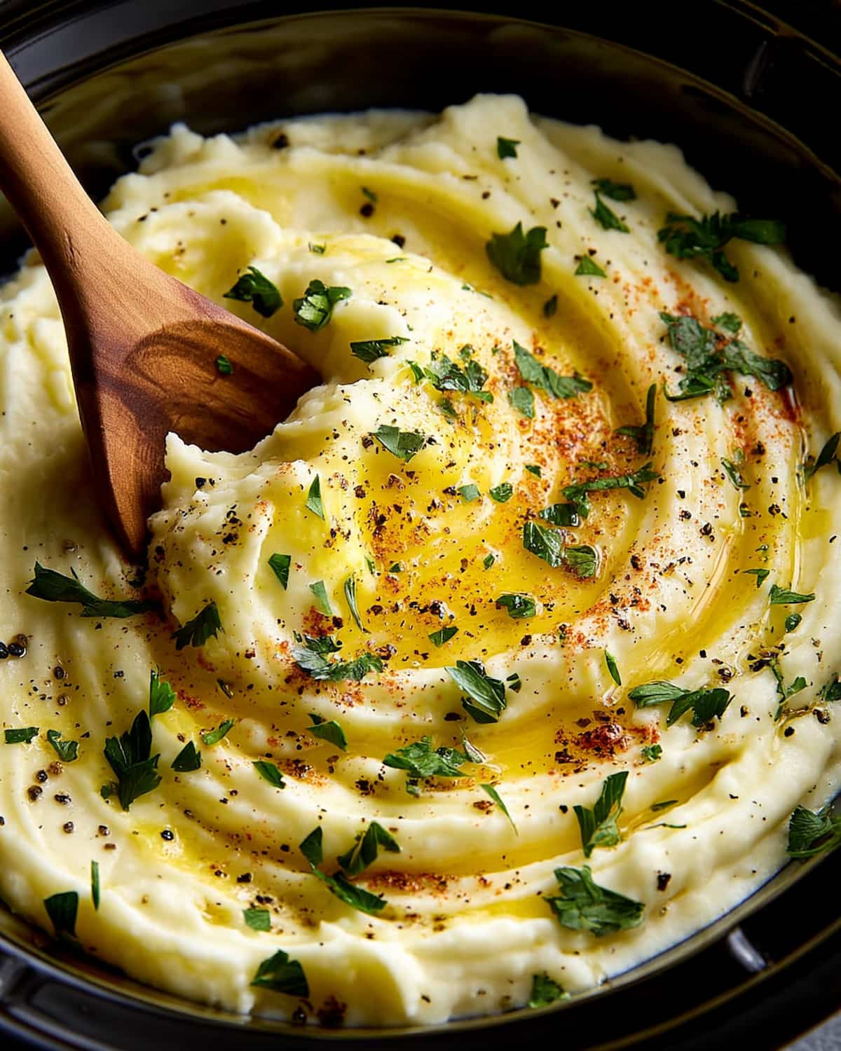 Slow cooker mashed potatoes with creamy texture, butter pools, black pepper, and fresh parsley garnish.