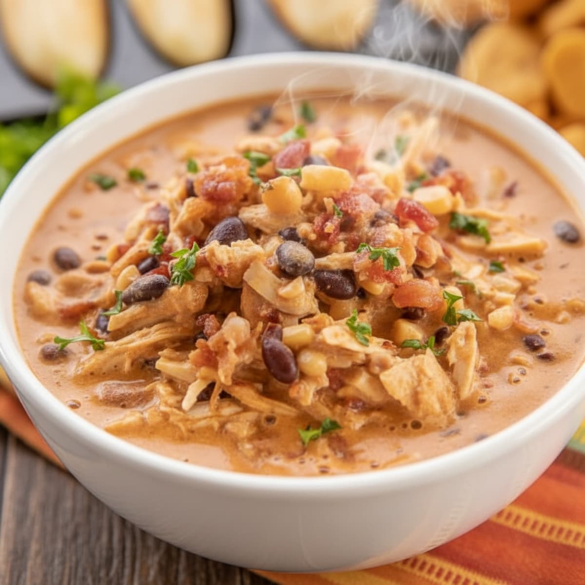 Slow Cooker white chicken chili with cream cheese, tender shredded chicken, white beans, and a rich, comforting broth.
