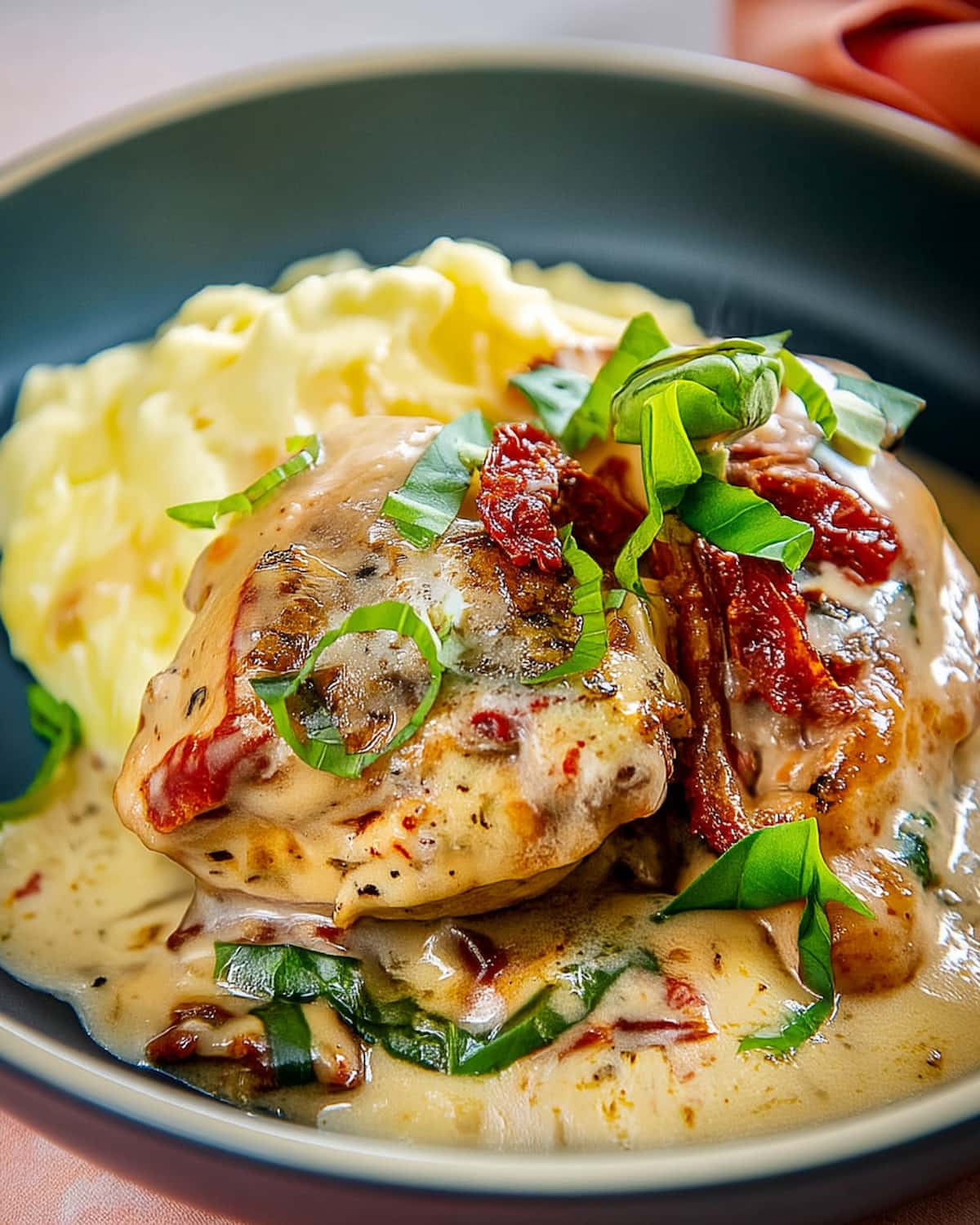 Crock Pot marry me chicken thighs served with mashed potatoes, topped with sun-dried tomatoes, basil, and rich garlic cream sauce.