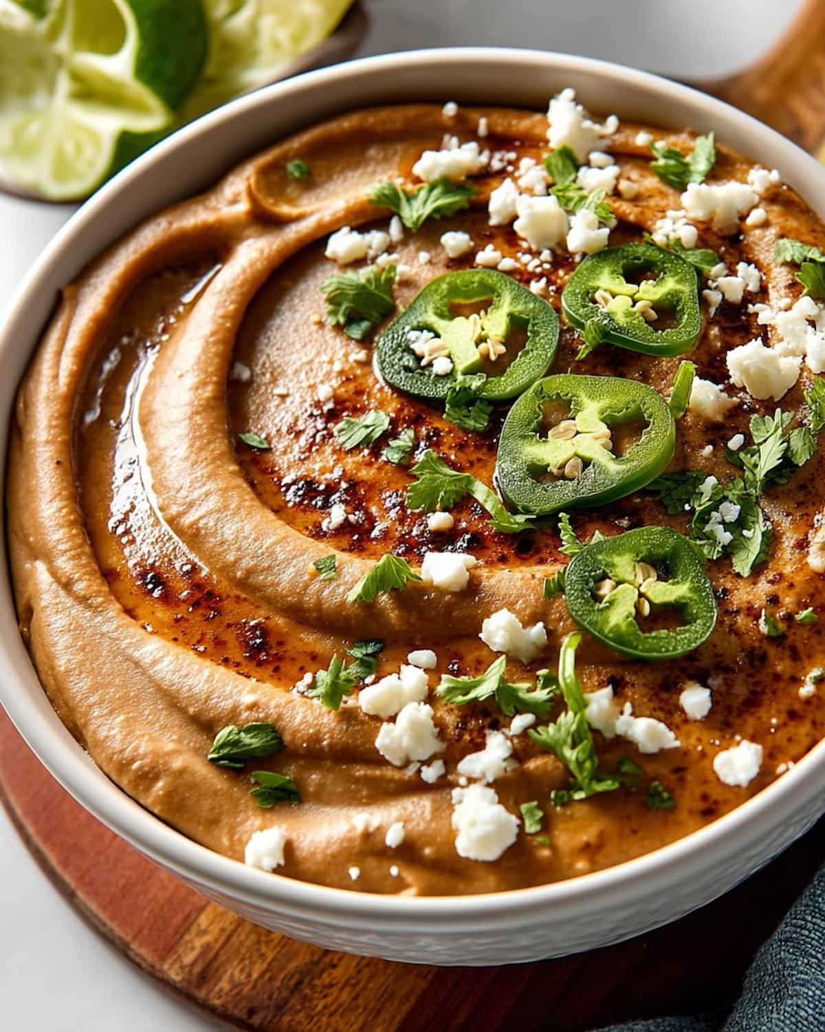 Crock Pot refried beans creamy and smooth in a bowl, topped with sliced jalapeños, crumbled cheese, cilantro, and a drizzle of oil.