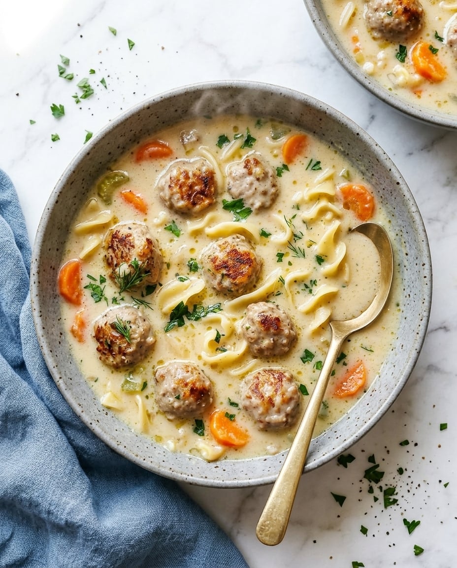 Creamy Meatball Soup Recipes With Noodles (Slow Cooker) in a bowl with tender meatballs, egg noodles, and herbs