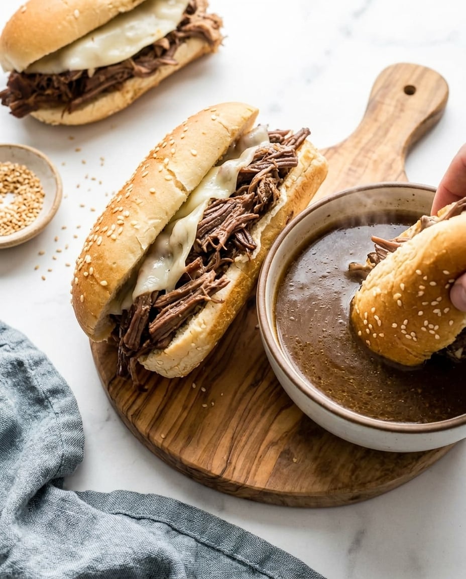 Crockpot French Dip sandwich with shredded beef on a hoagie roll, melted provolone, and au jus for dipping