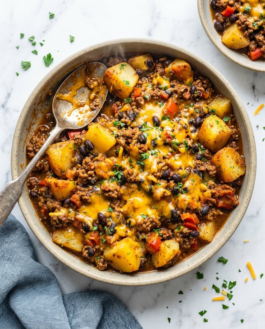 Easy Cowboy Casserole Slow Cooker with cheesy beef, tender potatoes, beans, and veggies in a scoopable crockpot dinner