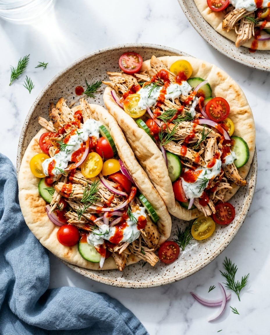 Easy slow cooker chicken gyros stuffed in warm pitas with tzatziki, tomatoes, cucumber, and shredded lemon-garlic chicken
