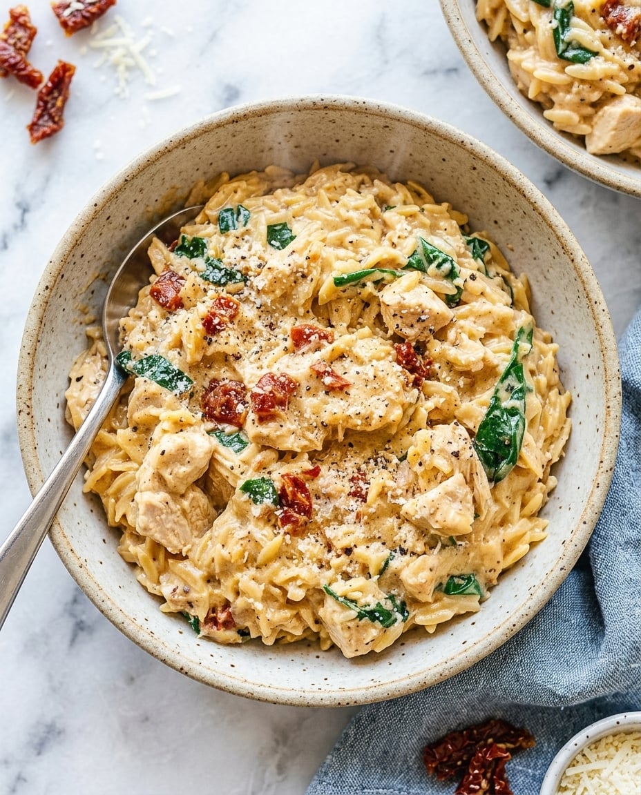 Easy Slow Cooker Tuscan Chicken Orzo in a bowl with spinach, sun-dried tomatoes, and creamy sauce