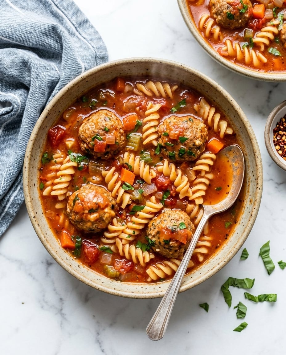 Easy Winter Soups Crockpot meatball soup in a bowl with basil and parmesan, rich tomato broth and pasta