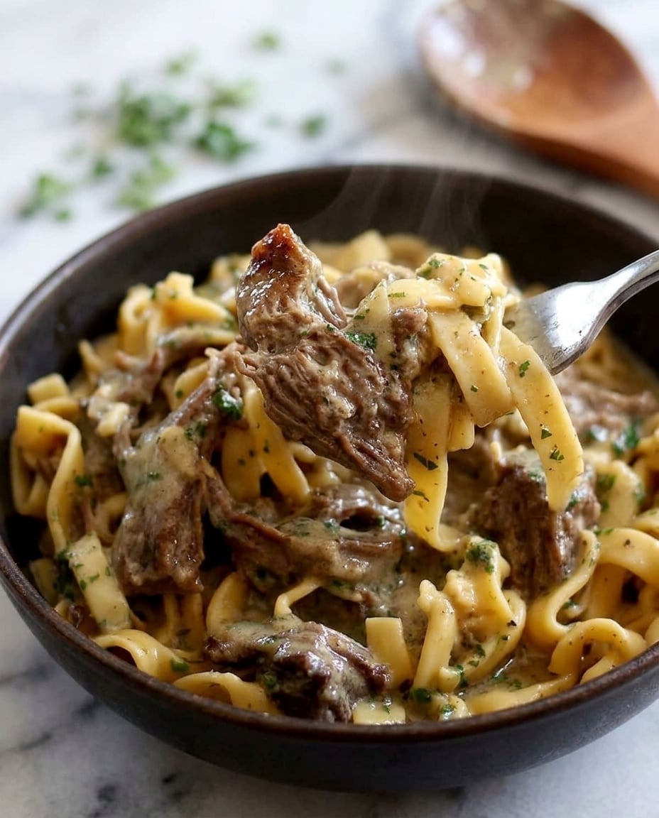Finished Crock Pot Beef Tips and Noodles Recipe