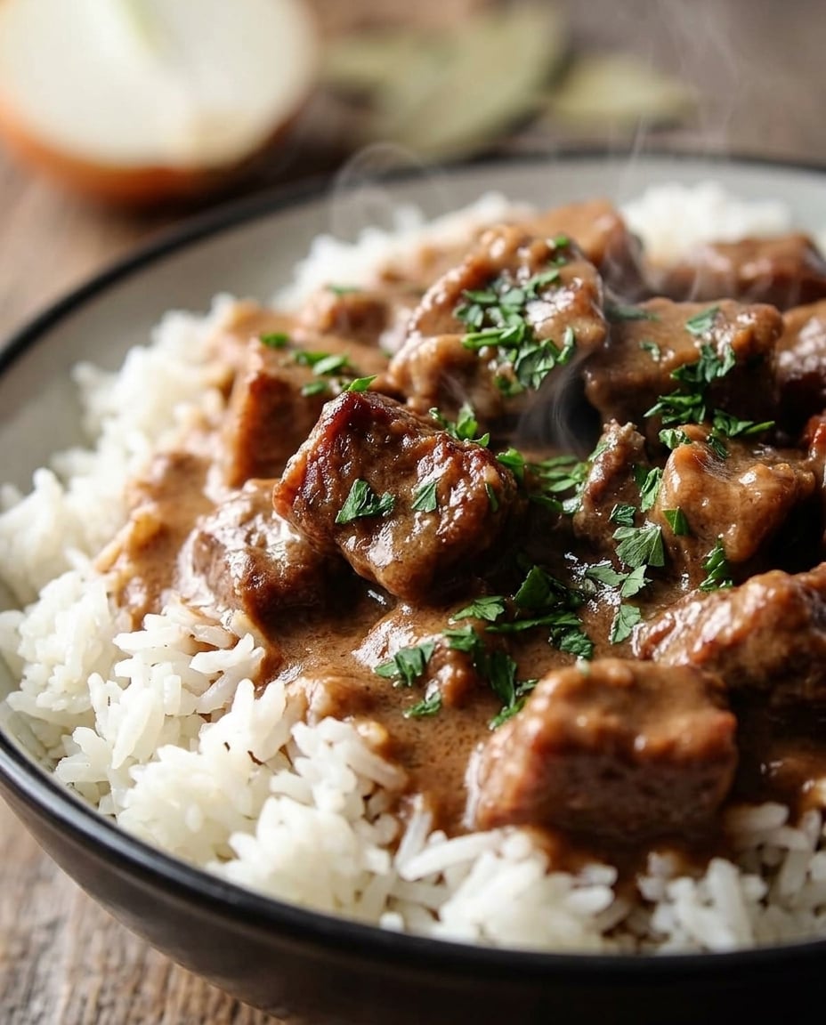 Crock Pot Beef Tips and Rice Recipe served