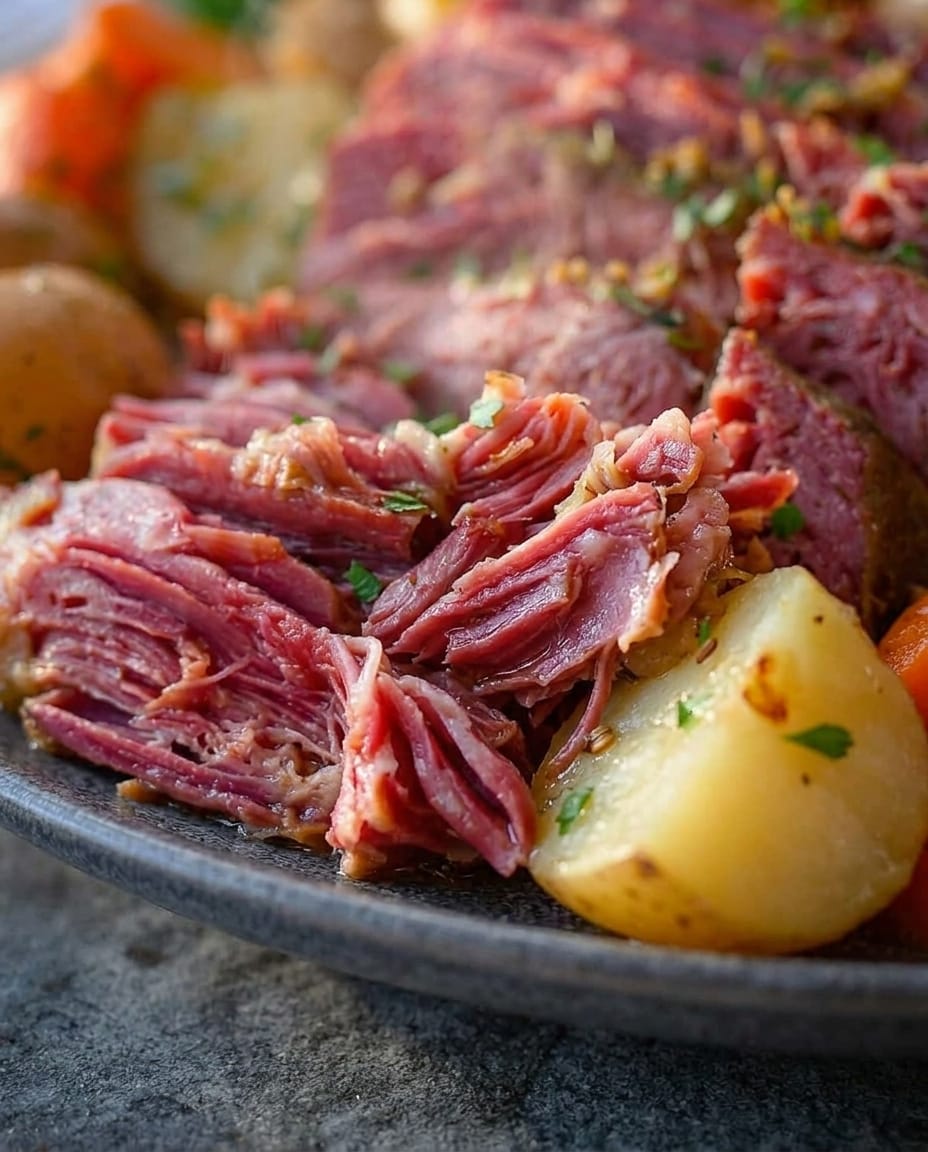 Finished Corned Beef in Crock Pot Fall Apart Tender