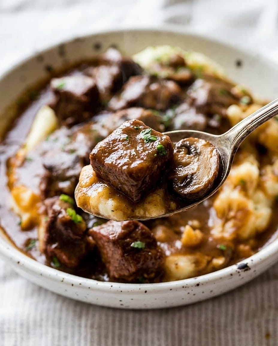 Finished Crock Pot Beef Tips with Mushroom Gravy