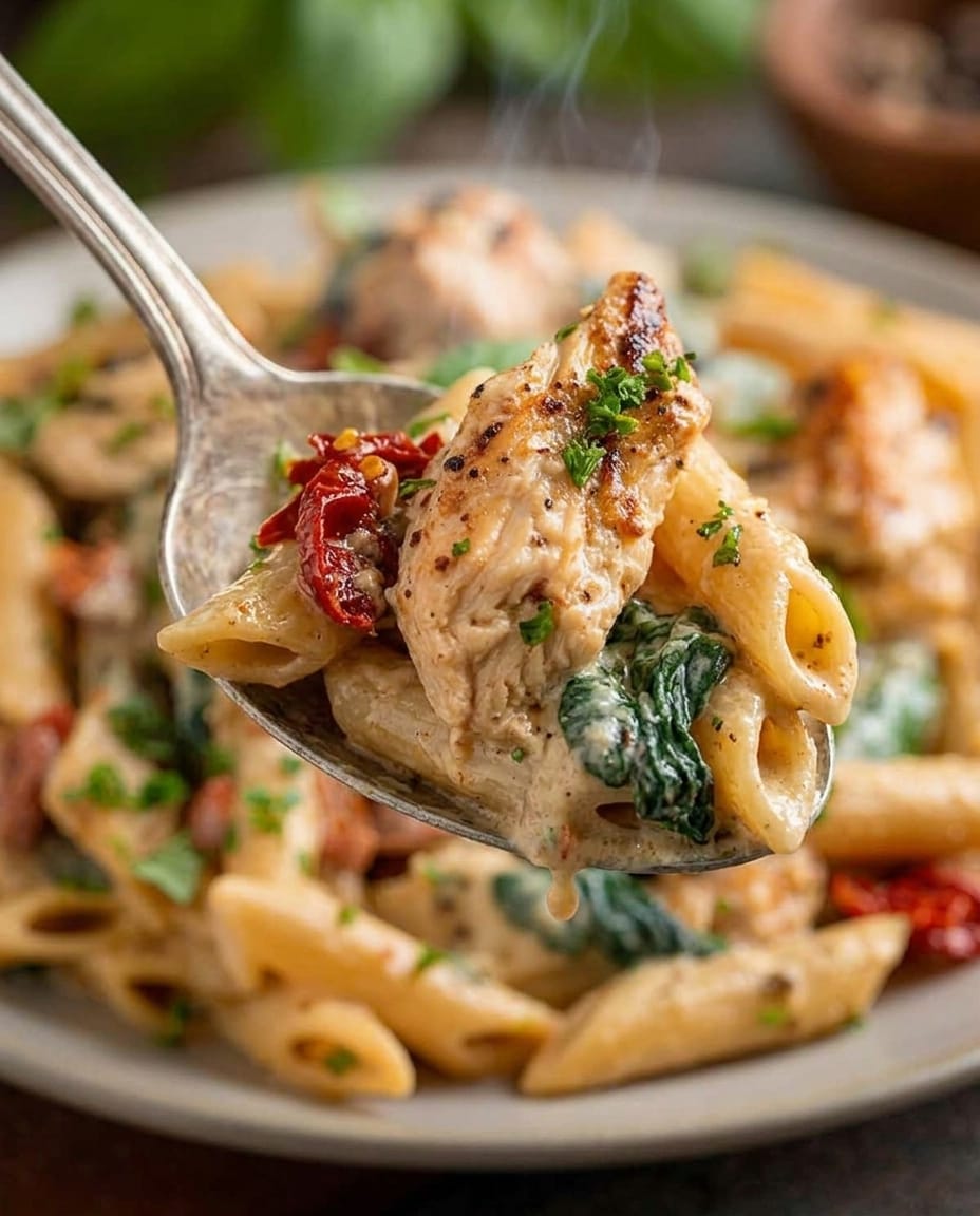 Finished Crock Pot Tuscan Chicken Pasta (So Creamy)
