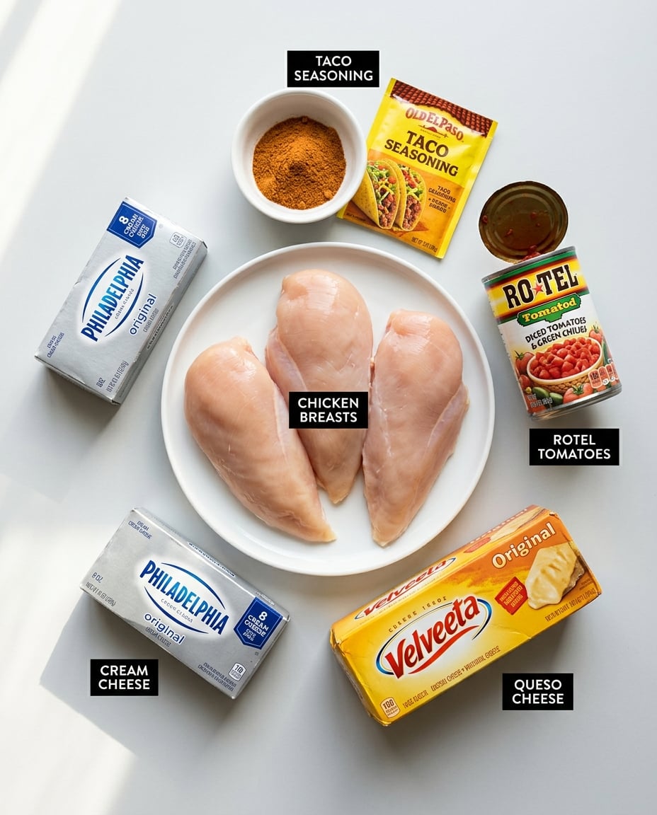 Ingredients for Crock Pot Queso Chicken Recipe